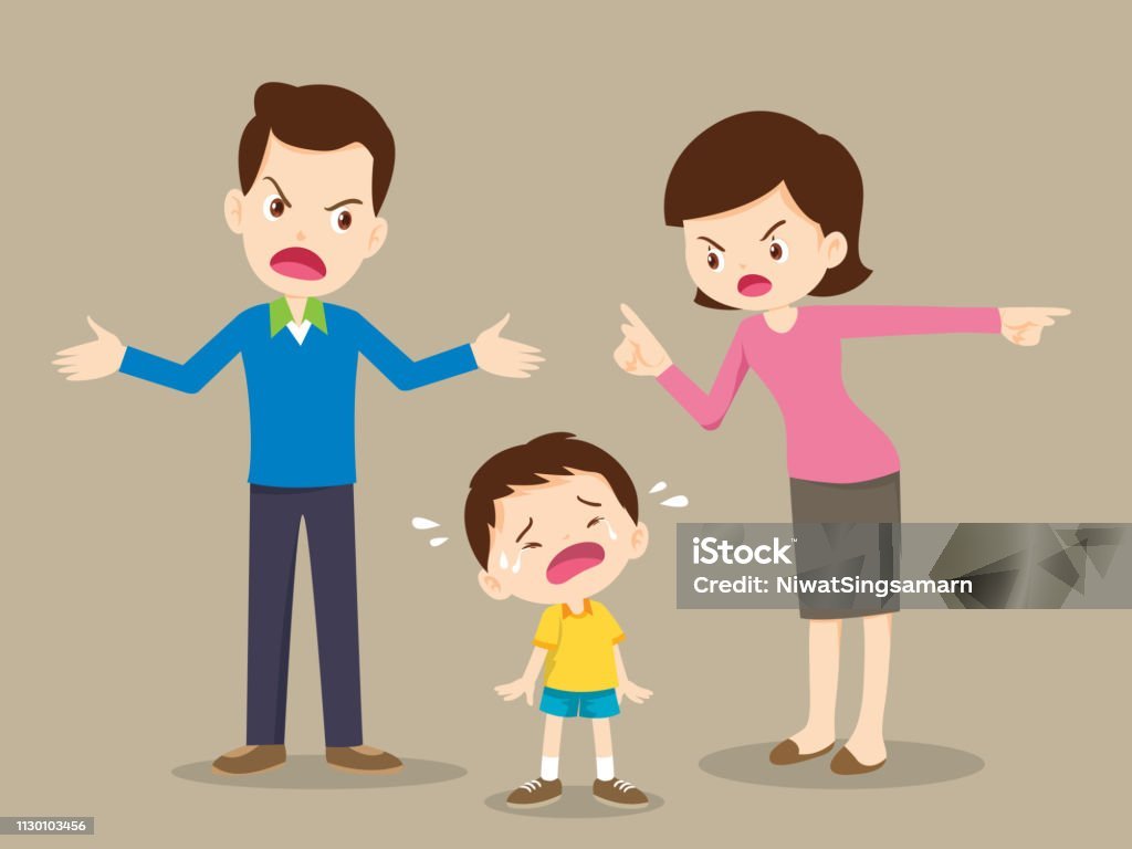 husband and wife quarreling.Parents quarrel and child listen. Family conflict.